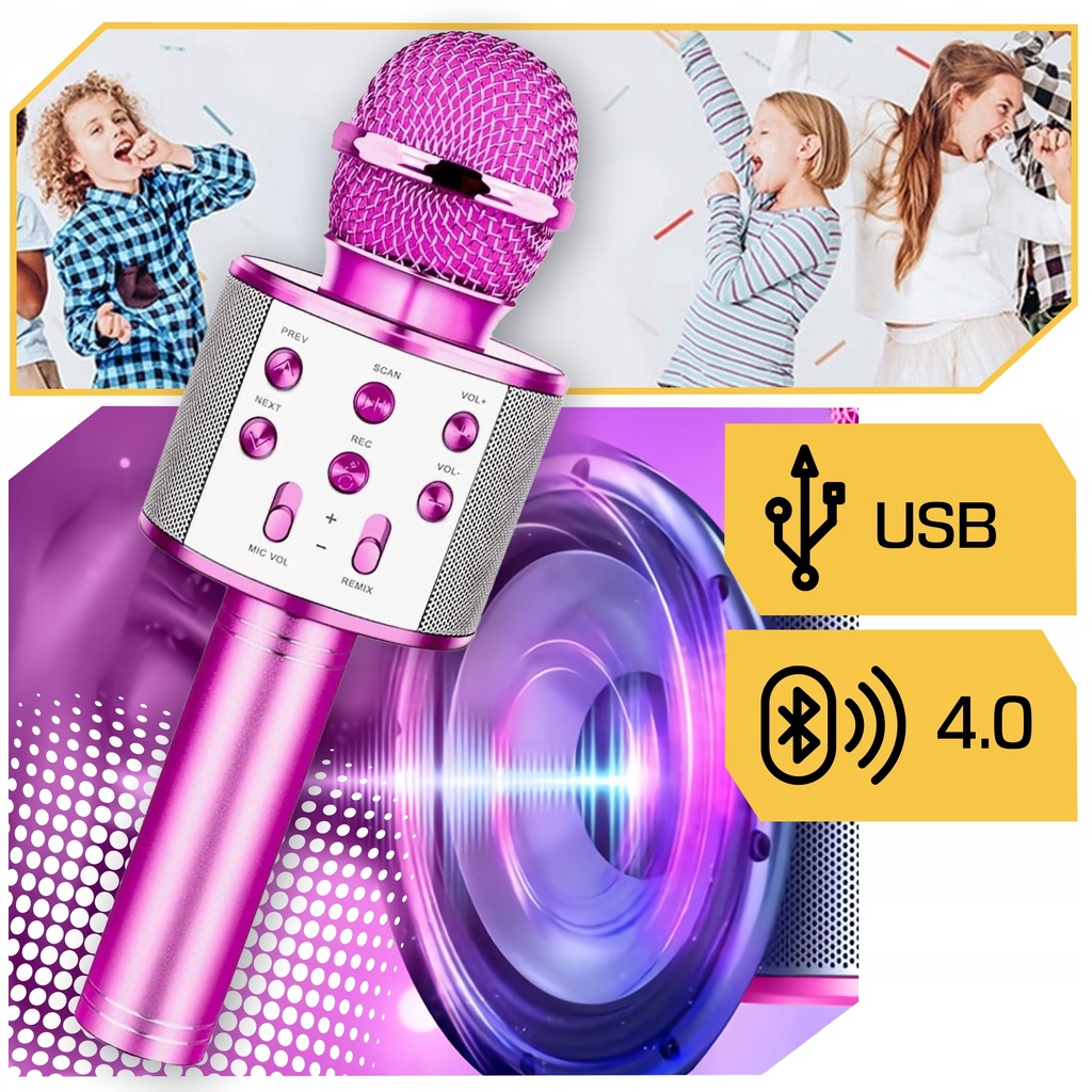 MIKROFON BEZPRZEWODOWY KARAOKE DLA DZIECI BLUETOOTH Z GŁOŚNIKIEM GŁOŚNIK Kod producenta WS-858NM mikrofon przenośny z etui na prezent